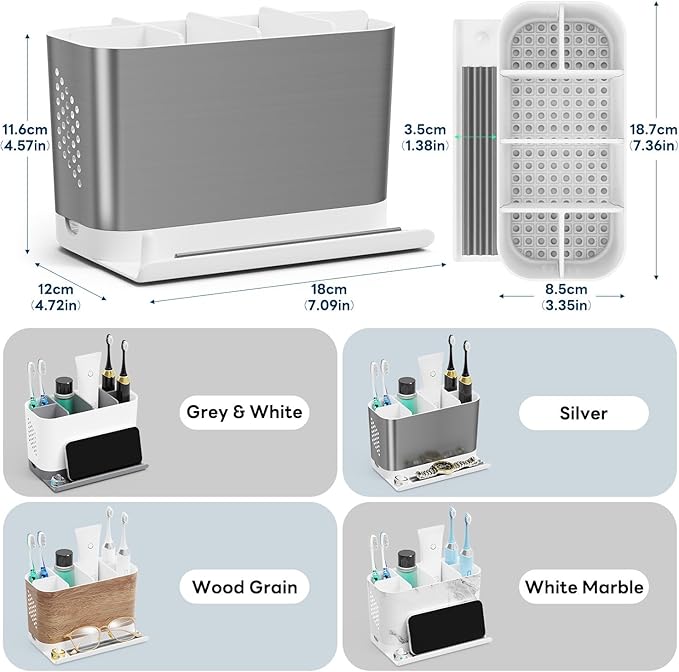 Bathroom Countertop Organizer with Front Ledge for Phone, Detachable Kids Toothbrush Holders with Cord Slots and Ring Holder, 6 Slots Toothbrush Toothpaste Holder with Drainage for Family