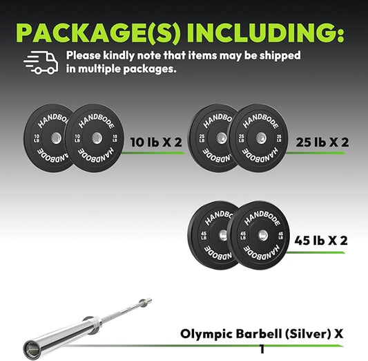 Olympic Bumper Plates Set 2 Inch, 10-55 lbs Rubber Weight Plates with 45 lb (20kg) Black/Silver Barbell, Strength Training & Weight Lifting for Home Gym-StrideForce Fitness