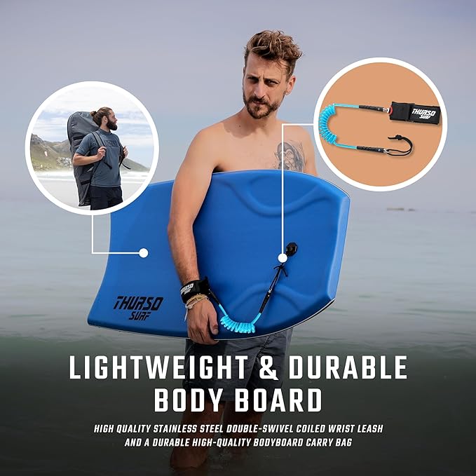 THURSO SURF 42'' Body Boards for Beach Pool Lightweight PE Core IXPE Deck HDPE Bottom FRP Stringers High Performance Body Board with Double Swivel Surf Leash and Bodyboard Bag Lightning-StrideForce Fitness