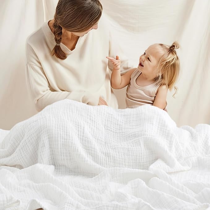 Carriediosa 100% Cotton Muslin Throw Blanket 66" X 90" Twin XL Size，4-Layers Summer Gauze Throws for Bed Couch，Soft Lightweight Breathable Linen Blankets Bedspread for Adults All Season，White-StrideForce Fitness