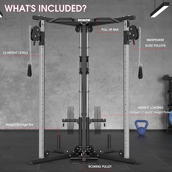 DONOW Cable Crossover Machine, Cable Fly Machine Home Gym System Workout Station with Dual Pulley System Pull-Up Bar Cable Bar and LAT Pull Down System-StrideForce Fitness