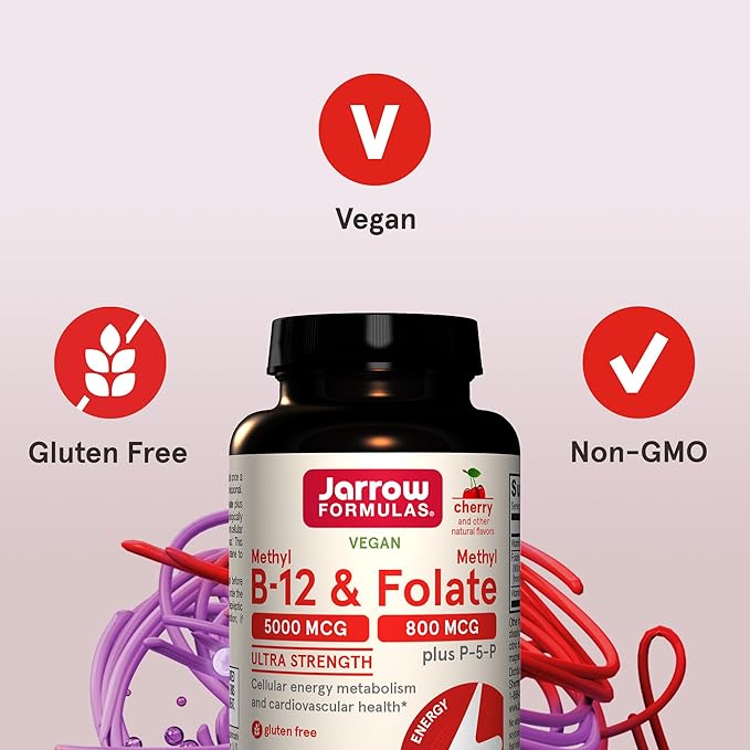 Jarrow Formulas Ultra Strength Methyl B-12 5000 mcg & Methyl Folate 800 mcg + P-5-P, Dietary Supplement for Cellular Energy Metabolism and Cardiovascular Support, 60 Chewable Tablets, 60 Day Supply-StrideForce Fitness