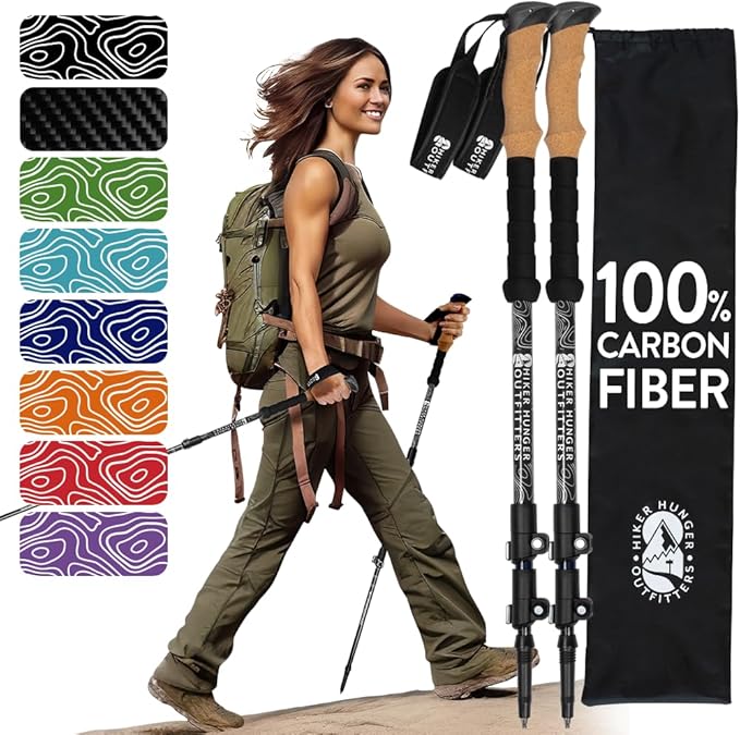 100% Carbon Fiber Trekking Poles by USA Brand - Ultra Strong Lightweight Collapsible Hiking Poles with Cork and EVA Foam Grips & Quick Adjustable Flip Locks-StrideForce Fitness