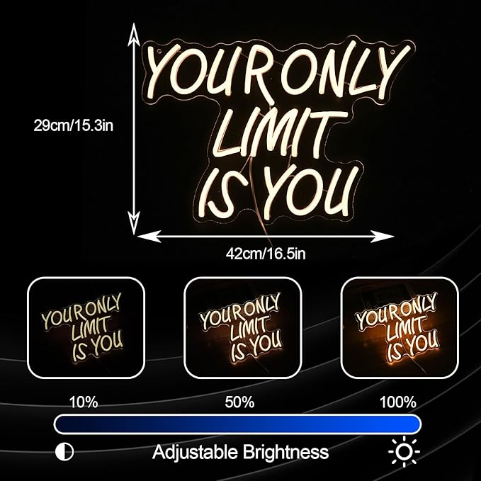 Your Only Limit Is You Neon Sign USB Powered Motivational Letters Neon Light Sign for Wall Decor Dimmable LED Warm White Positive Quote Light Up Sign for Classroom Bedroom Office Study Room-StrideForce Fitness