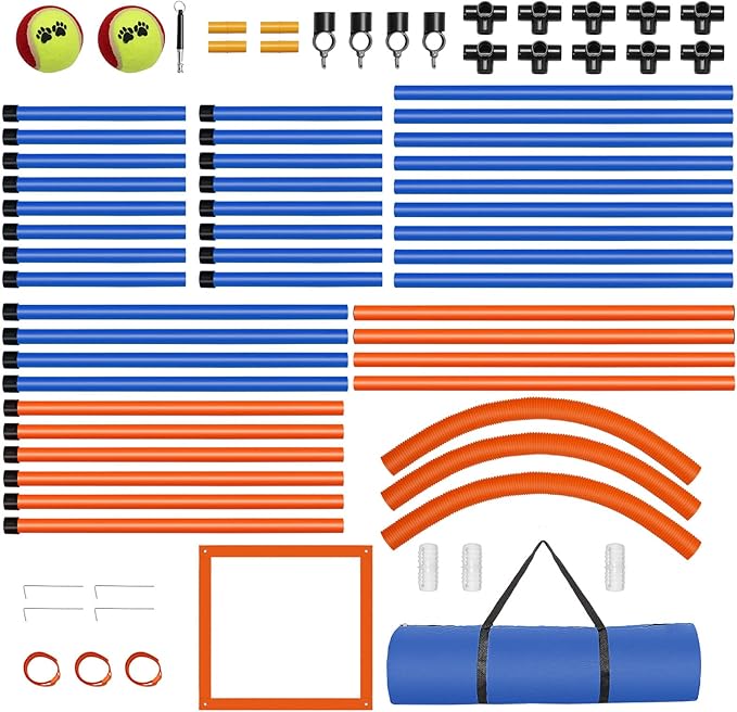 Dog Agility Training Equipment, 72-Piece Obstacle Course Training Starter Kit Indoor Outdoor Game for Dogs with Agility Hurdle, Jump Ring, Weave Poles, Pause Box, Toy Balls and Storage Bag-StrideForce Fitness