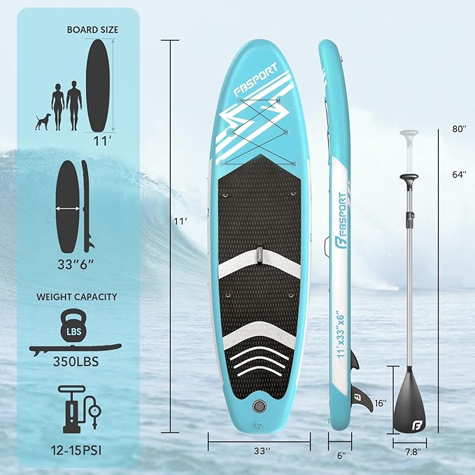 FBSPORT 11' Premium Stand Up Paddle Board, Yoga Board with Durable SUP Accessories & Carry Bag | Wide Stance, Surf Control, Non-Slip Deck, Leash, Paddle and Pump for Youth & Adult-StrideForce Fitness