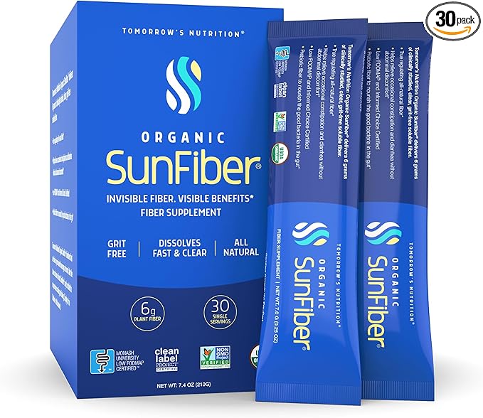 Tomorrow's Nutrition, Organic Sunfiber Stick Packs, Prebiotic Fiber Supplement for Digestive Health, Low FODMAP, Gluten-Free, 30 Packets, Blue-StrideForce Fitness