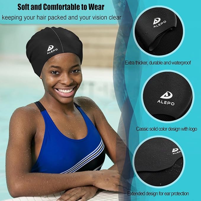Alepo Extra Large Swim Cap for Women Men, Durable Silicone Swimming Hat with Ear Protection, Unisex Adults Bath Swimming Caps for Long Thick Curly Hair & Dreadlocks Braids Weaves Afro Hair-StrideForce Fitness