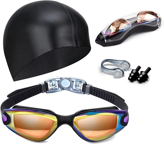 Swim Goggles Swimming Goggles No Leaking with Nose Clip, Earplugs, Swim Cap and Case for Men Women-StrideForce Fitness