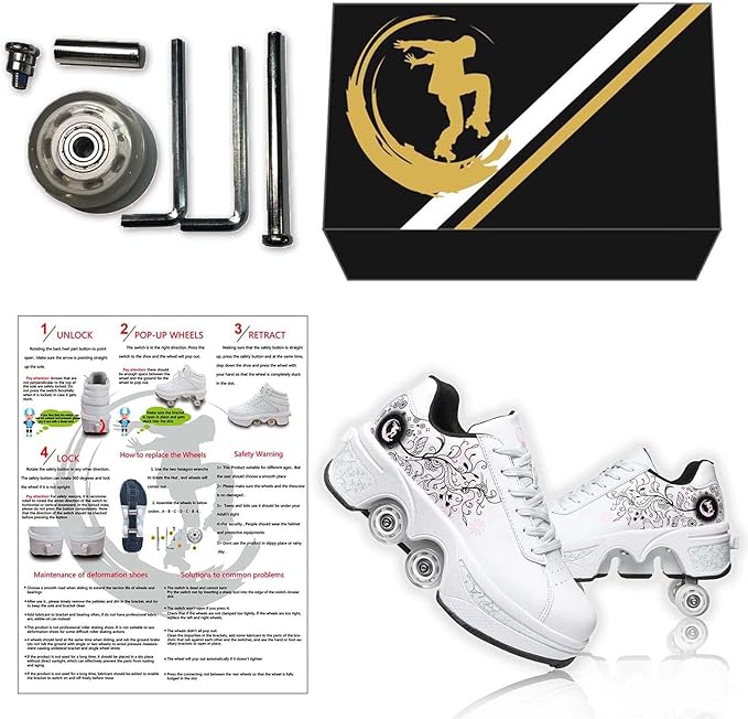 Roller Skate Shoes for Women Four Rounds Children's Roller Skates Shoes That Turn into Rollerskates Sneakers Outdoor Light Shoes with Wheels for Girls/Boys-StrideForce Fitness