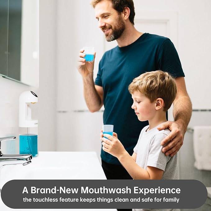 Upgraded Automatic Mouthwash Dispenser with 4 Dispensing Levels for Bathroom-GIMUBABA Smart Mouth Wash Dispenser Sets with 20.3 FL Oz Container,2 Cups & Wall Mount Accessories for Kids & Family,White