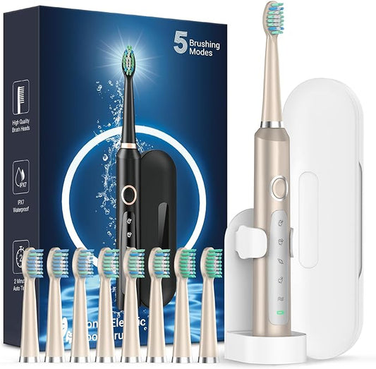 Rtauys M5 Sonic Electric Toothbrush for Adults - Rechargeable Electric Toothbrushes with 8 Brush Heads & Holder, Travel Case, Power Electric Toothbrush，120 Days Battery Life - Champagne