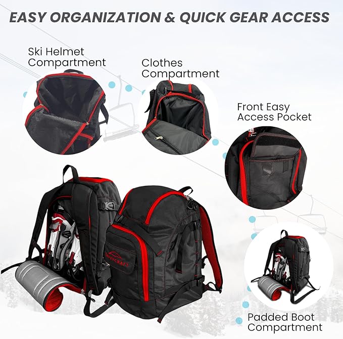Savvycraft Ski Boot Bag Snowboard Boot Bag, 50L Ski Backpack for Ski and Snowboard Boots, Helmets, Gloves, and Accessories, Lightweight, Durable, Convenient, Red-StrideForce Fitness
