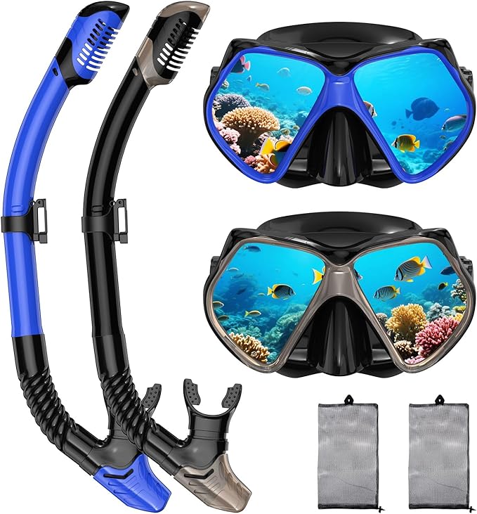 2 Pack Snorkeling Gear for Adults, Dry Snorkel, Mask Set Adult, Diving Scuba Mask, Scuba Gear, Swimming Goggles with Nose Cover, Swim Freediving Tempered Glass Panoramic View Travel Packages-StrideForce Fitness