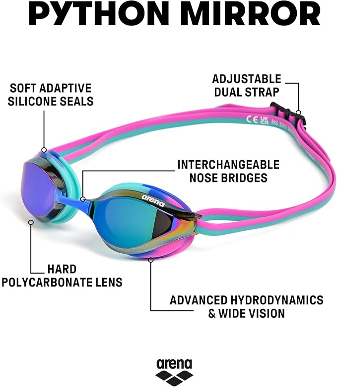 ARENA Unisex Python Racing Swim Goggles for Men and Women Anti-Fog No Leak Max Comfort Dual Strap, Mirror/Non-Mirror Lens-StrideForce Fitness