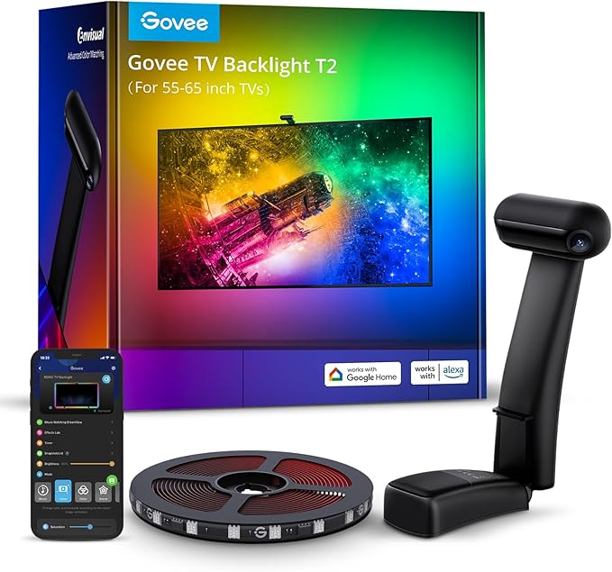 Govee Envisual TV LED Backlight T2 with Dual Cameras, 11.8ft RGBIC Wi-Fi LED Strip Lights for 55-65 inch TVs, Double Strip Light Beads, for Home Decorations, Smart App Control, Music Sync-StrideForce Fitness