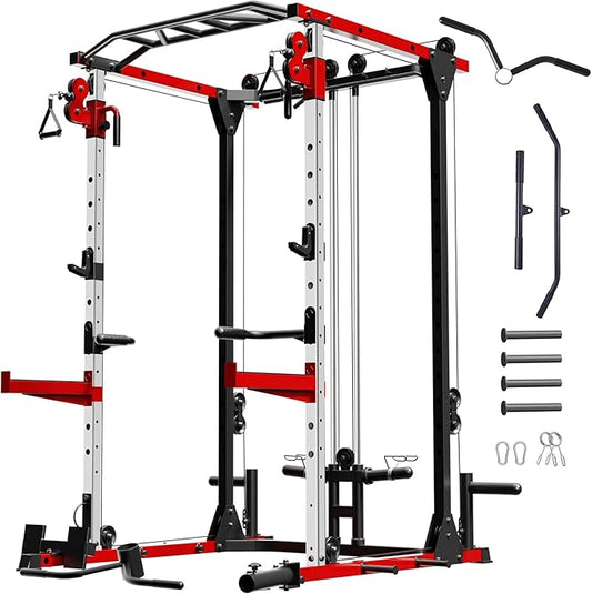 Smith Machine, Power Rack with LAT Pulldown System, Power Cage with Cable System, Squat Rack for Home Gym with Chest Press Machine, Spotter Arms, Leg Curl Attachment and More-StrideForce Fitness