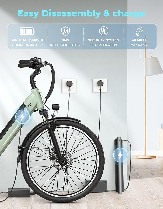 Jasion YC1/ST 26" Electric Bike, 750W Peak Motor, Step-Through Ebike for Adults, 360WH Removable Battery, Up to 40miles, Max 23MPH Urban Commuter E-Bike, 7 Speeds & Front Suspension-StrideForce Fitness