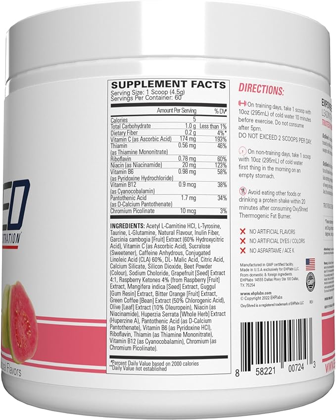 EHP Labs OxyShred Pre Workout Powder & Shredding Supplement - Preworkout Powder with L Glutamine & Acetyl L Carnitine, Energy Boost Drink - Guava Paradise, 60 Servings-StrideForce Fitness