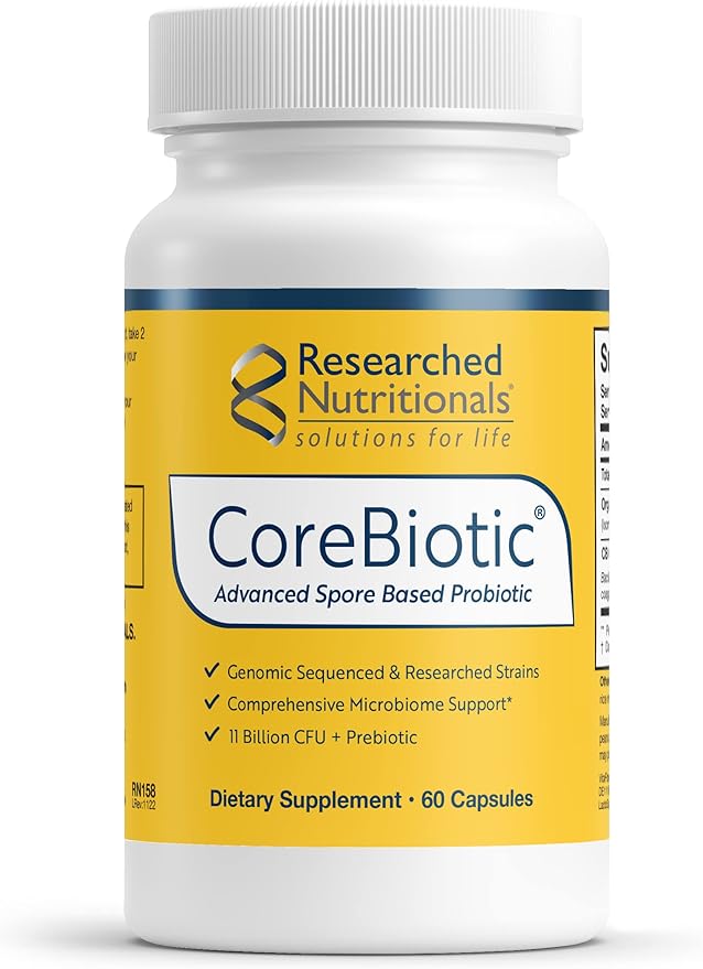Researched Nutritionals Gut Health Supplements with Prebiotics & Probiotics for Women & Men - CoreBiotic - 3 Spore Based Probiotic Strains + Organic Prebiotic Fiber - Shelf-Stable (60 Capsules)-StrideForce Fitness