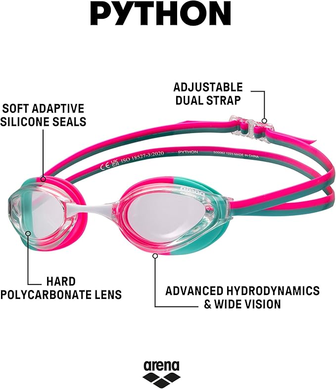 ARENA Unisex Python Racing Swim Goggles for Men and Women Anti-Fog No Leak Max Comfort Dual Strap, Mirror/Non-Mirror Lens-StrideForce Fitness