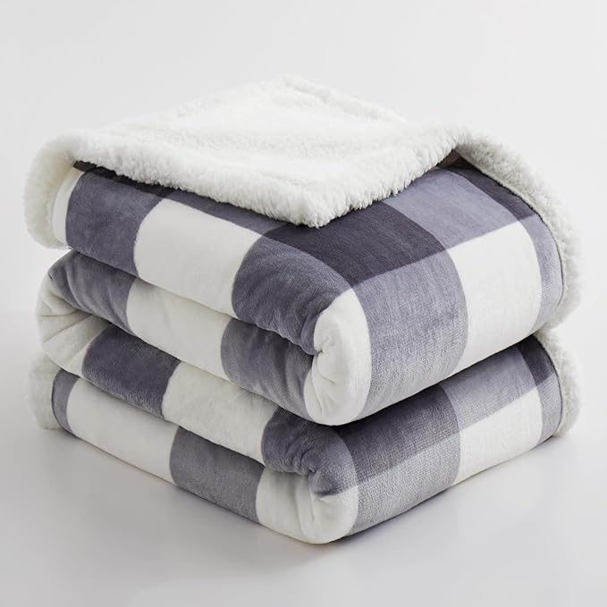 PU MEI Sherpa Blanket Fleece Throw Blanket Twin Plaid Thick Bed Blanket, Soft Warm Cozy Grey Checkered Throw Blanket 60"*80"-StrideForce Fitness
