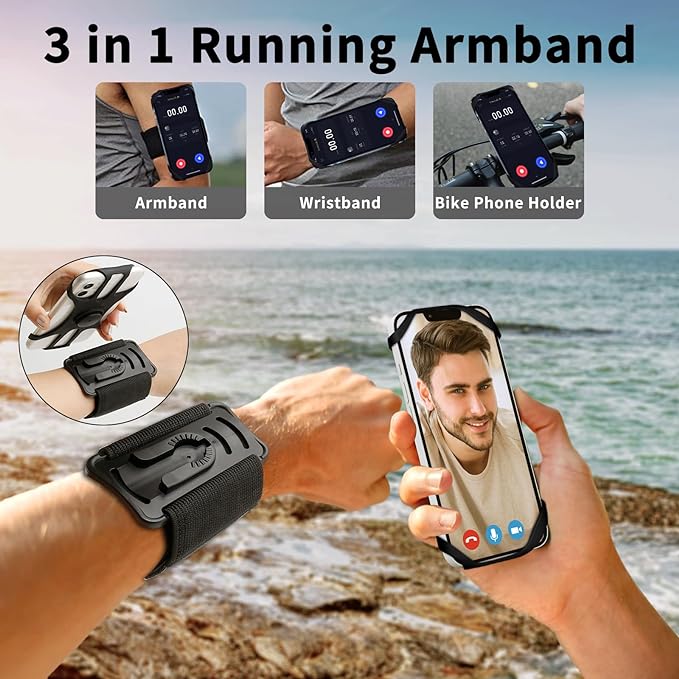 3in1 Running Sports Armband+Wristband+Bicycle Phone Holder,360° Rotation & Detachable Compatible with 4.5-7" Cellphone for iPhone 16/15/Pro/ProMax/14/13/mini/Pro Max/XS/XR-StrideForce Fitness