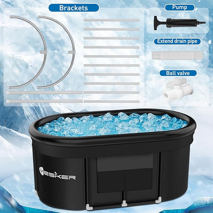 Yesker 110 Gal Oval Ice Bath Tub with Air Ring, Portable Multi-Layered Cold Plunge Tub with Lid for Athletes, Foldable and Inflatable, One Person Hot Bathtub at Gym, Yard, Home, Outdoors Use-StrideForce Fitness
