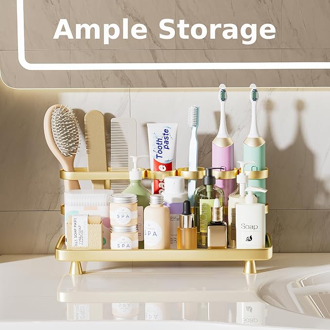 Electric Toothbrush Holder for Bathroom Countertop 5 Metal Slots Toothpaste Razor Mouthwash Organizer, Gold