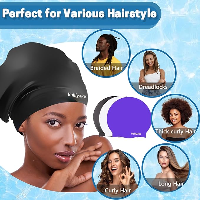 3 Pack Extra Large Swim Cap for Braids & Dreadlocks - Waterproof Silicone Swim Hat for Women with Long Thick Hair, Protective Swim Cap Cover Ears for Swimming, Shower, Bathing-StrideForce Fitness