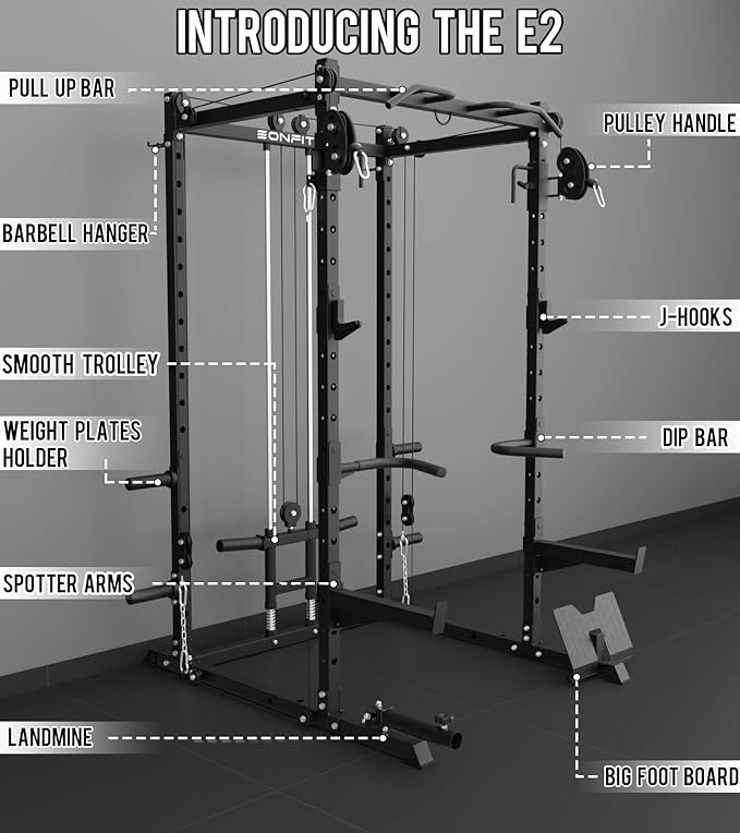 Eonfit E2 Power Cage，1500LB Squat Rack with Cable Crossover System.Multi-Function Power Rack for Home Gum.All-in-One Squat Rack with More Training Attachments-StrideForce Fitness