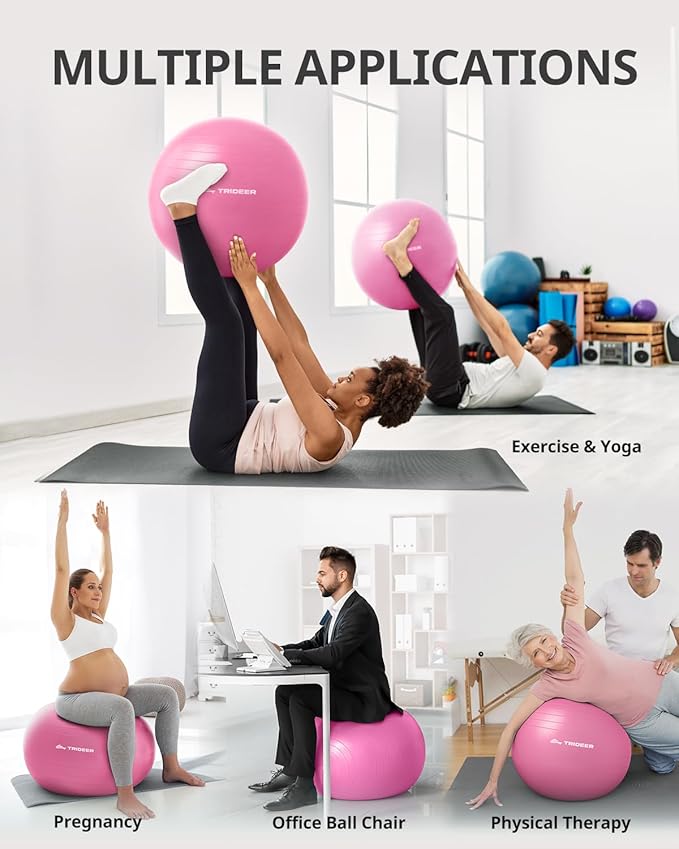 Trideer Extra Thick Yoga Ball Exercise Ball, 5 Sizes Gym Ball, Heavy Duty Ball Chair for Balance, Stability, Pregnancy, Quick Pump Included-StrideForce Fitness