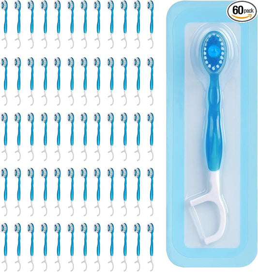 60 Count Disposable Mini Travel Toothbrushes Individually Wrapped, 5-in-1 Pre-Pasted Mini-Brush+Floss+Pick+Tongue Scraper, On The Go Portable Toothbrush with Freshening Bead, Coolmint
