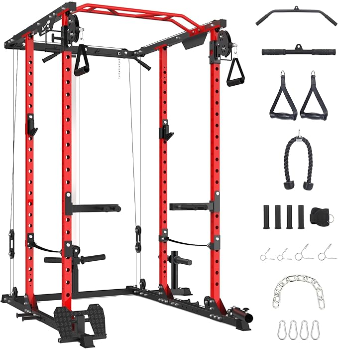 GaveeLife Power Cage, 2000 LBS Power Rack with Cable Cross-Over System, Multi-Functional Strength Training Squat Rack with LAT Pull Down System, Home Gym Equipment with Training Attachment, Red-StrideForce Fitness