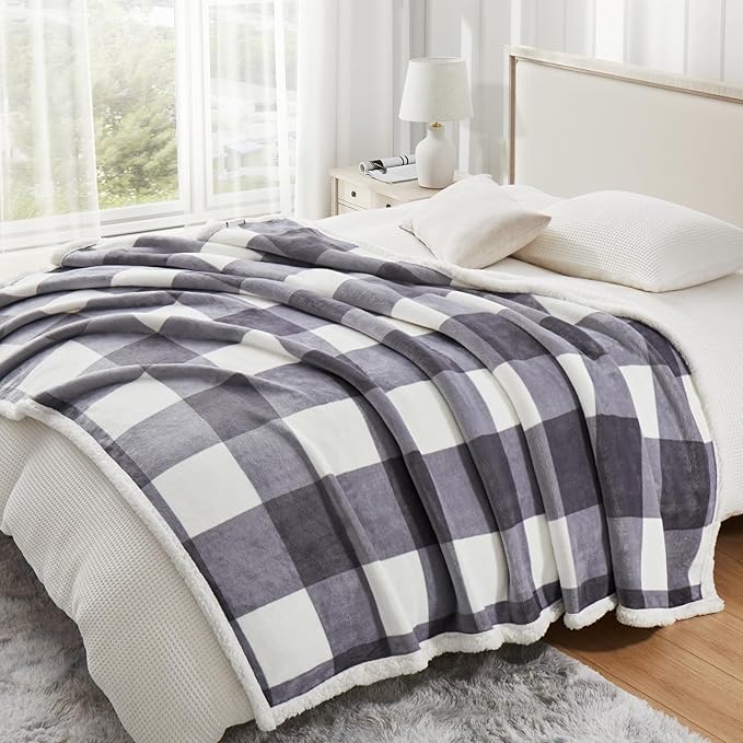 PU MEI Sherpa Blanket Fleece Throw Blanket Twin Plaid Thick Bed Blanket, Soft Warm Cozy Grey Checkered Throw Blanket 60"*80"-StrideForce Fitness