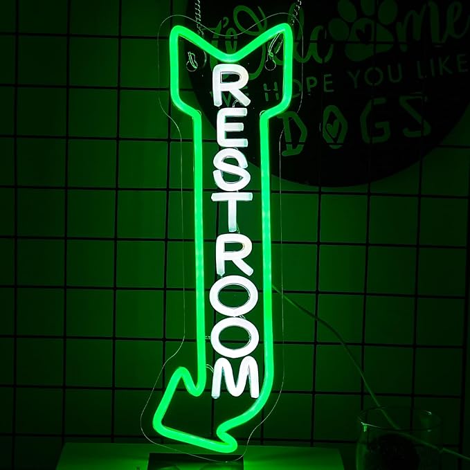 Restroom Neon Sign for Wall Decor Toilet Neon Light Arrow Led Neon Lights White Green Led Neon Signs for Hotel Bar Hospital Mall Store Office Decoration(16.9”*6.3”)-StrideForce Fitness