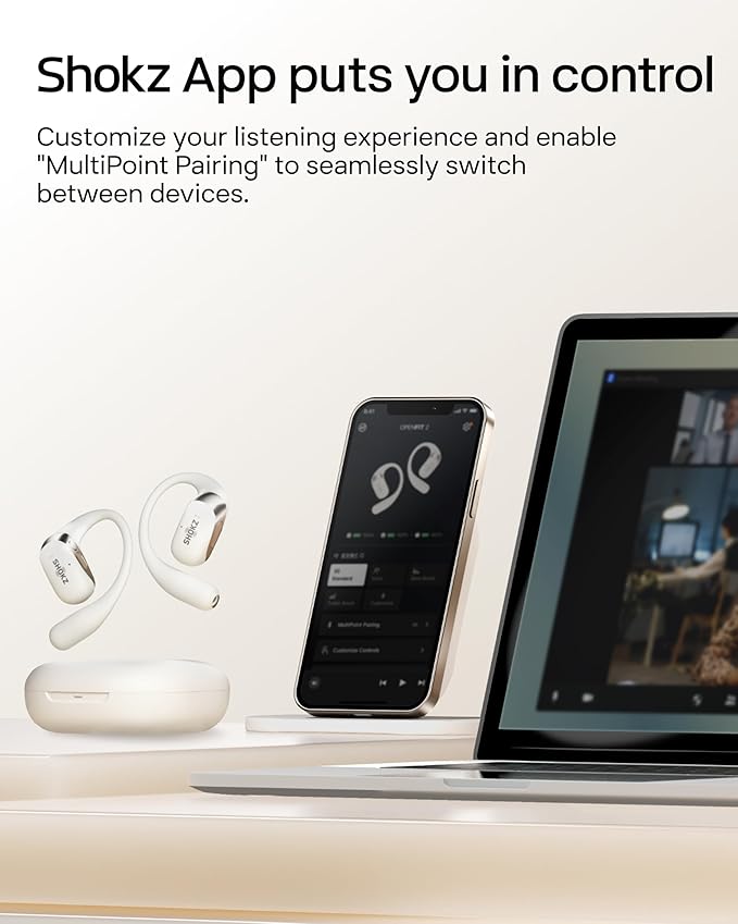 SHOKZ New OpenFit 2 Open-Ear Headphones, True Wireless Bluetooth Earphones with Microphone, Earhook Earbuds with 48 Hours of Playtime, Fast Charging, IP55 Water-Resistant, with Carrying Bag, Beige-StrideForce Fitness