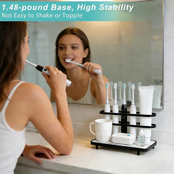 Electric Toothbrush Holders for Bathrooms, Bathroom Counter Organizer with Quick Dry Diatomaceous Earth Mat, 5 Slots Toothbrush and Toothpaste Holder Black, for Bathroom Sink Organizer Countertop