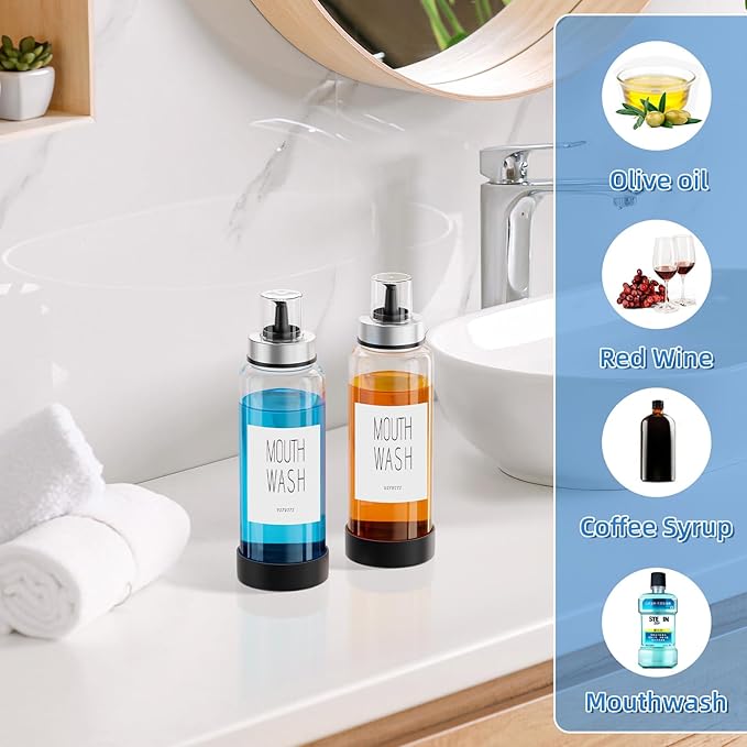 VITVITI 10OZ Mouthwash Dispenser for Bathroom, Glass Mouth Wash Container with Cup Lid, Clear Refillable Mouthwash Bottle Decanter with Silicone Pad/Labels, Set of 2