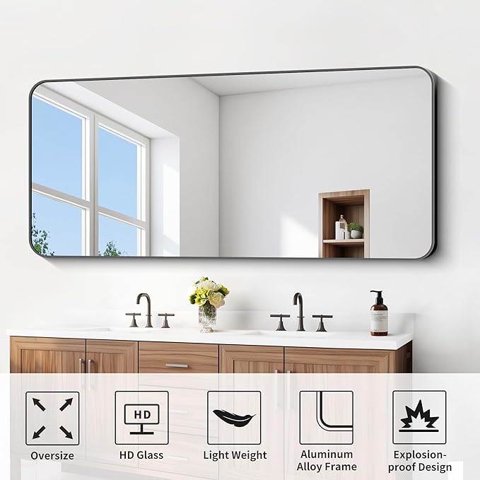 FORBATH Large Bathroom Mirror 72x30 Inches, Black Oversized Wall Mirror for 2 Sinks Aluminum Frame Wall Mounted Rounded Corner Morndern Mirror for Bathroom Bedroom Entryway Living Room-StrideForce Fitness