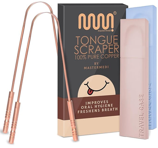 MasterMedi Tongue Scraper with Case Easy to Use Tongue Scraper for Adults, Tongue Cleaner for Oral Care & Hygiene Copper Set of 2 (with Travel Case)
