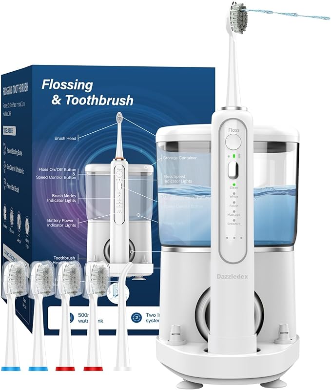 Electric Toothbrush and Water Flosser - Water Flossers for Teeth Electric Cleaning Brush with 5 Replacement Brush Heads, 5 Brush Modes, 17 Oz, 3 Stage Floss Tooth Brush 3 in 1 Teeth Cleaning Kit