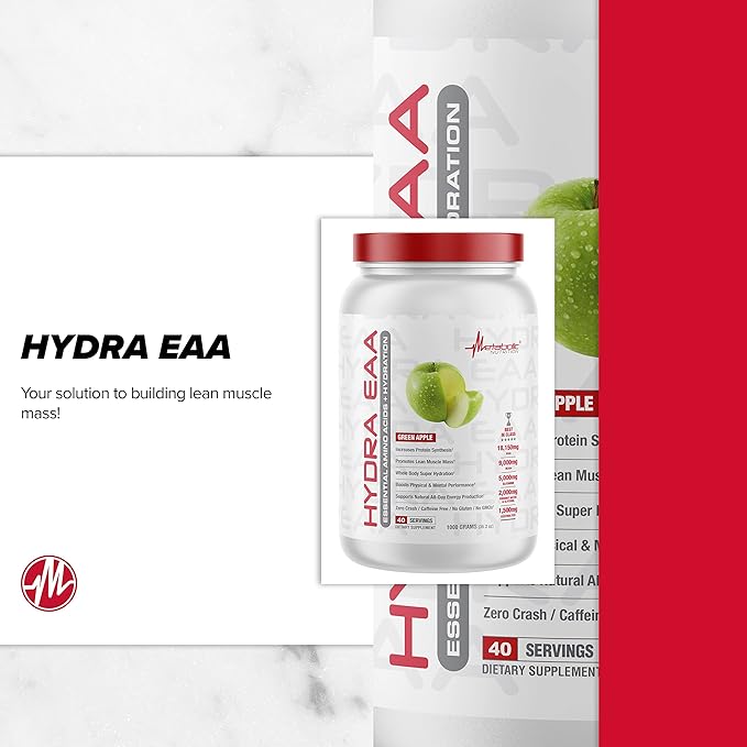Metabolic Nutrition Hydra EAA, 1000g of Essential Amino Acids + Hydration, EAAs, BCAAs, Glutamine, Electorlytes, Coconut Water & Glycerol, Amazing Flavors (Fruit Punch, 1000g)-StrideForce Fitness