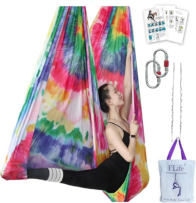 F.Life Aerial Yoga Hammock kit- Yoga Swing Multicolor 5 yards-Flying Yoga Include Daisy Chain,Carabiner and Pose Guide-StrideForce Fitness