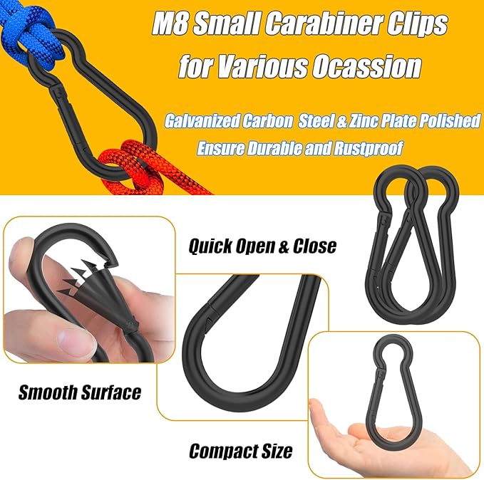 30PCS 3" Black Heavy Duty Spring Snap Hook, M8 5/16" Galvanized Steel Snap Hook Carabiner Quick Link Carabiner Clip, 500LBS Holding Capacity Quick Link Keychain for Swing Hammock Gym Outdoor-StrideForce Fitness
