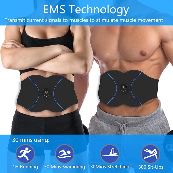 FDA Cleared, ABS Stimulator - EMS Muscle Stimulator, Portable Muscle Training for Abdomen, Abdominal Toning Belt, Fitness Ab Workout Equipment for Women and Men, Black Blue-StrideForce Fitness