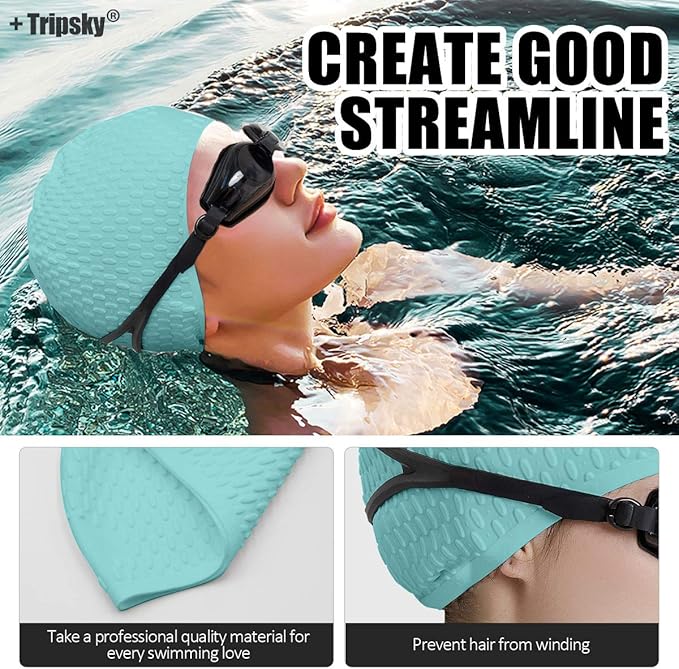 Tripsky Silicone Swim Cap,Comfortable Bathing Cap Ideal for Curly Short Medium Long Hair, Swimming Cap for Women and Men, Shower Caps Keep Hairstyle Unchanged…-StrideForce Fitness