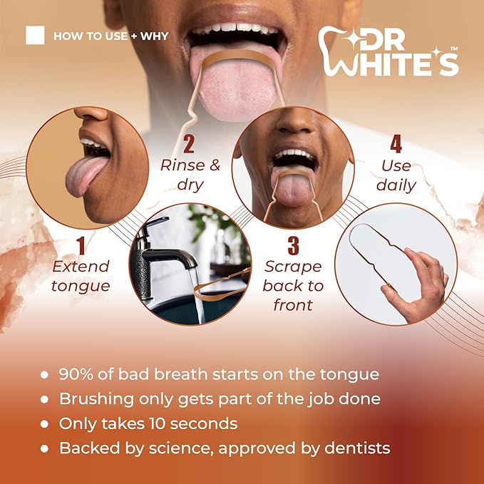 Dr. White's Copper Tongue Cleaner - Dentist-Formulated Dual-Grip Design for Fresh Breath | 3-Pack