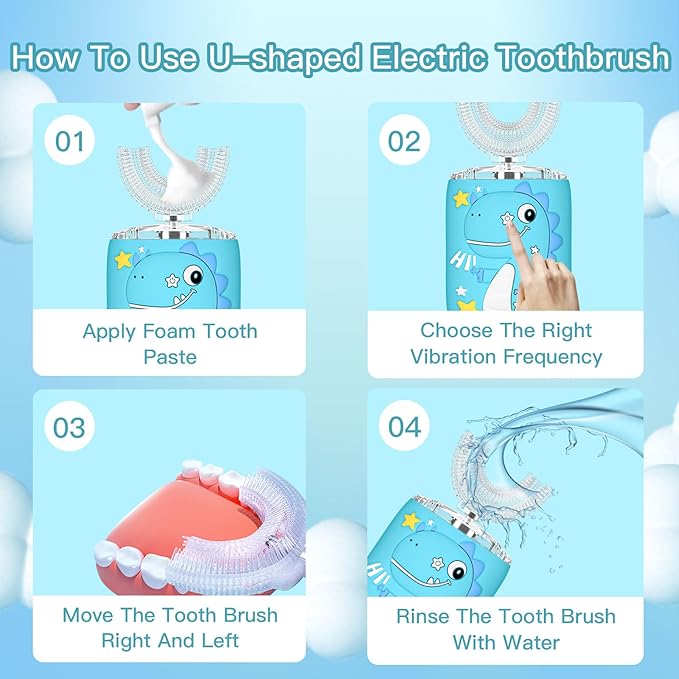 Kids Electric U Shaped Toothbrush,Kids Dinosaur Sonic Full Mouth Toothbrush with 4 Soft Brush Head Automatic 6 Cleaning Modes IPX7 Waterproof 360 Degree Cleaning - Age2-7 Pink