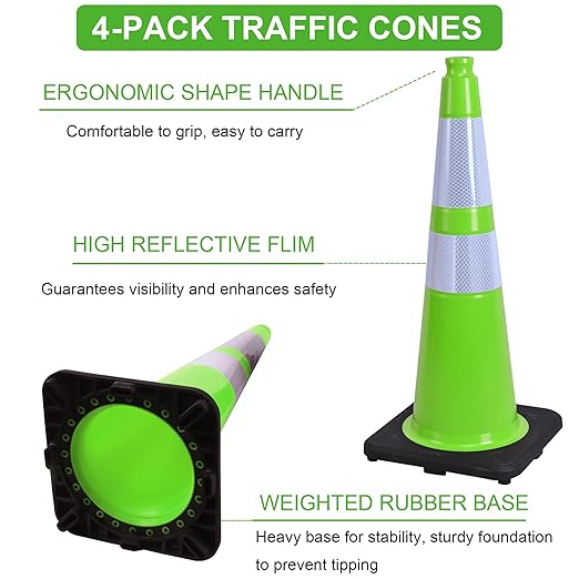 OrangeStar 28" Traffic Cones 4-Pack, Green Safety Cones with Reflective Collars, Weighted Rubber Base for Highway, Roadwork, Parking Lot Safety, Warehouse, Indoor & Outdoor Use-StrideForce Fitness